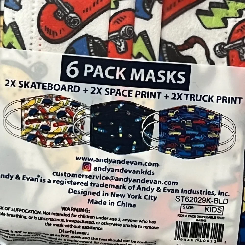 Andy & Evan 6 Pack Base Layer Fashion Masks for Kids New